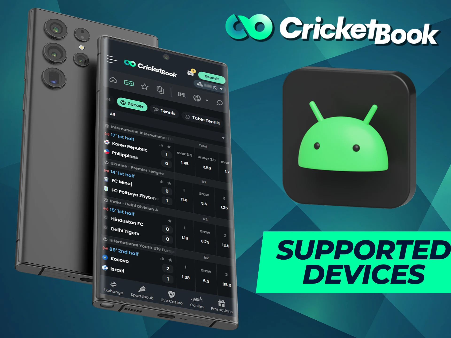 The CricketBook app is supported on a variety of Android gadgets.