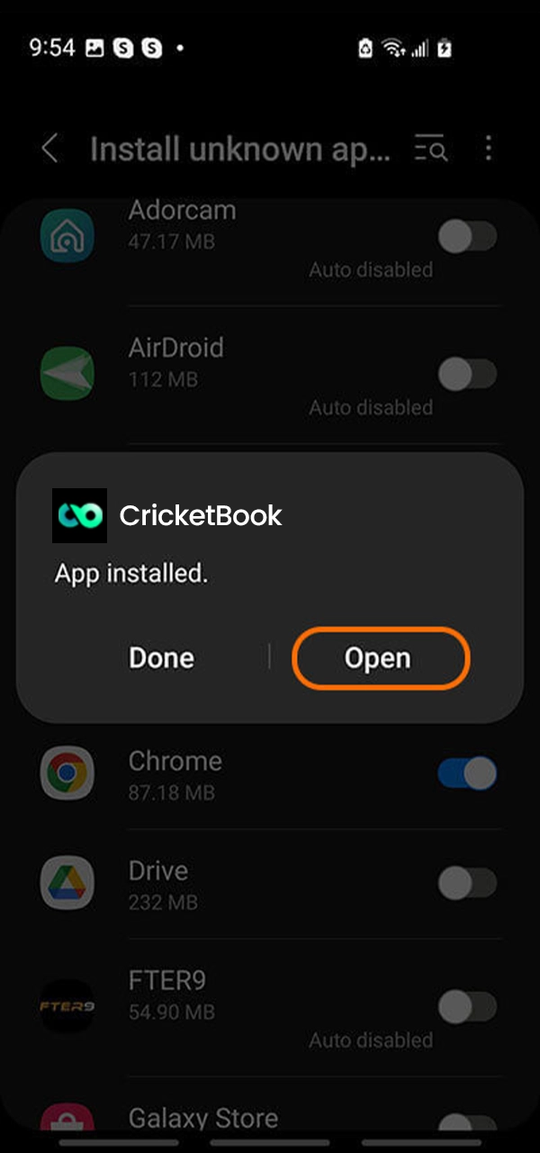 Complete the installation of the CricketBook app.
