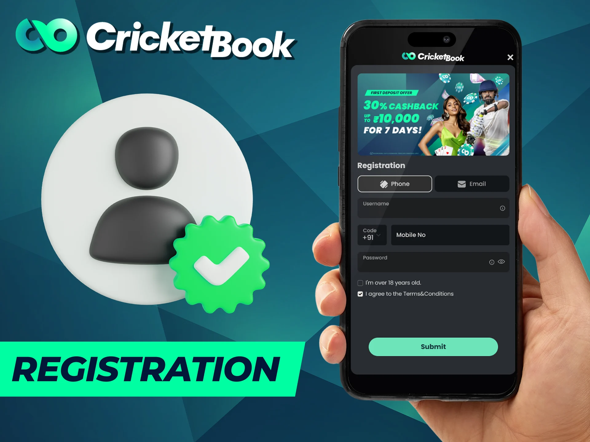 In the CricketBook app it is possible to register by phone or email.