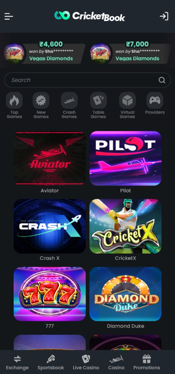 CricketBook offers a wide range of slots and classic Casino games.