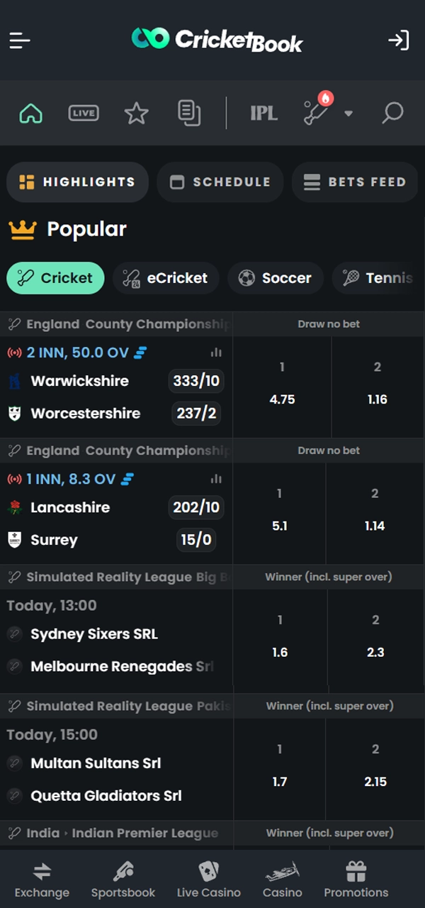 The CricketBook app allows you to bet on sports.