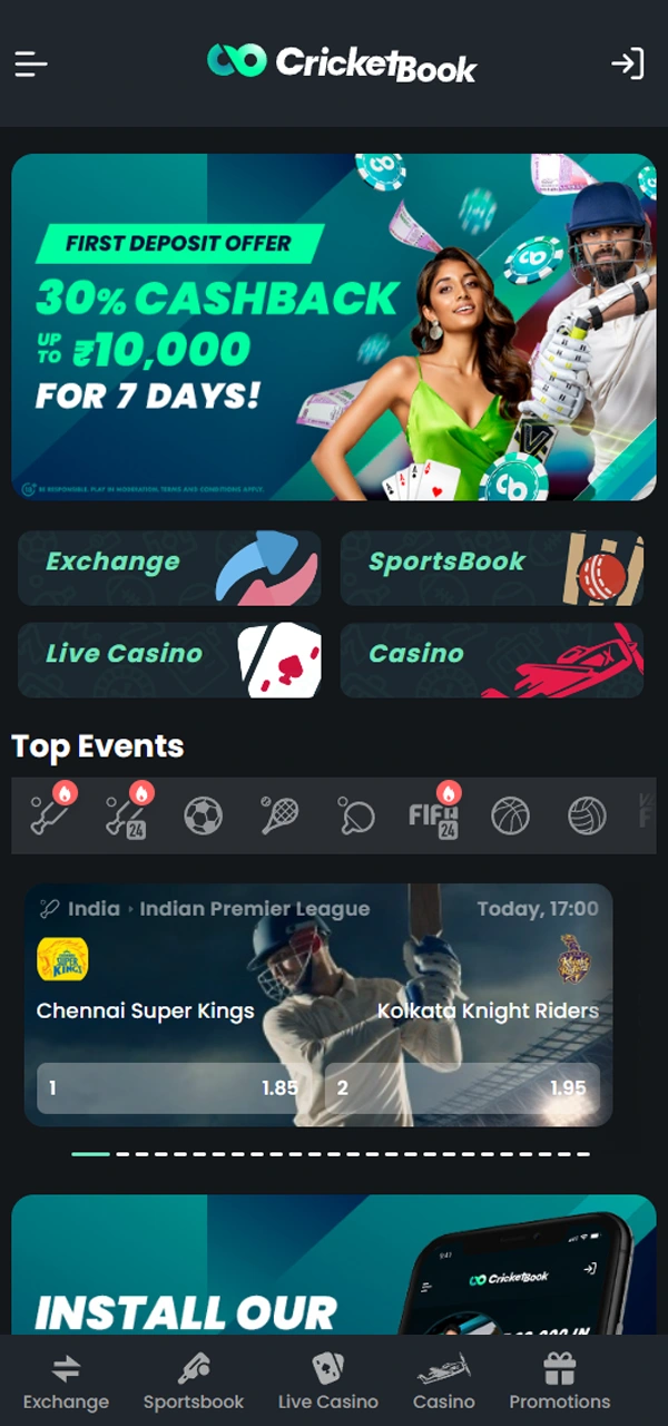 Home page of the CricketBook sports betting and casino app.