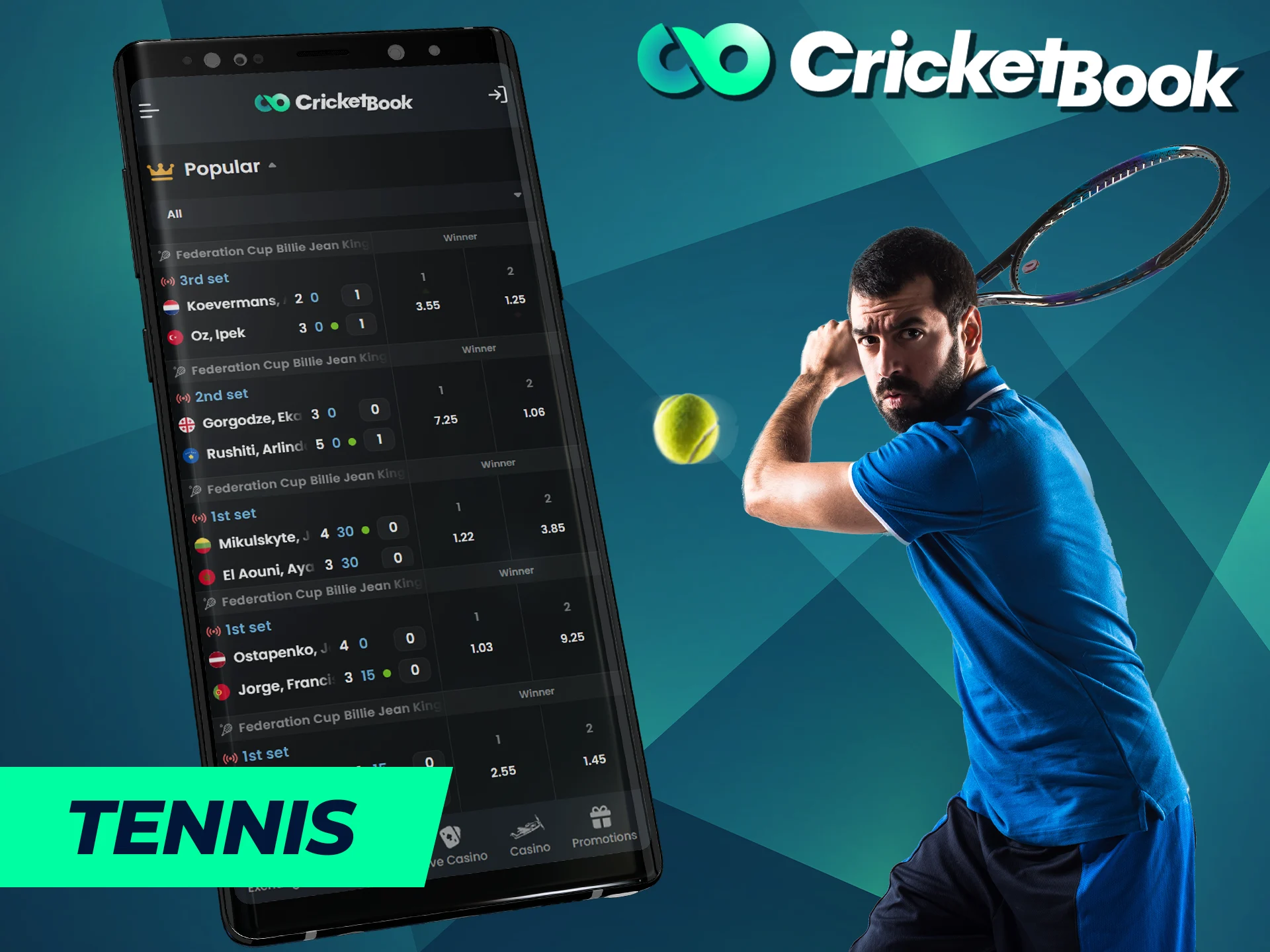 Try betting on tennis on the CricketBook app.