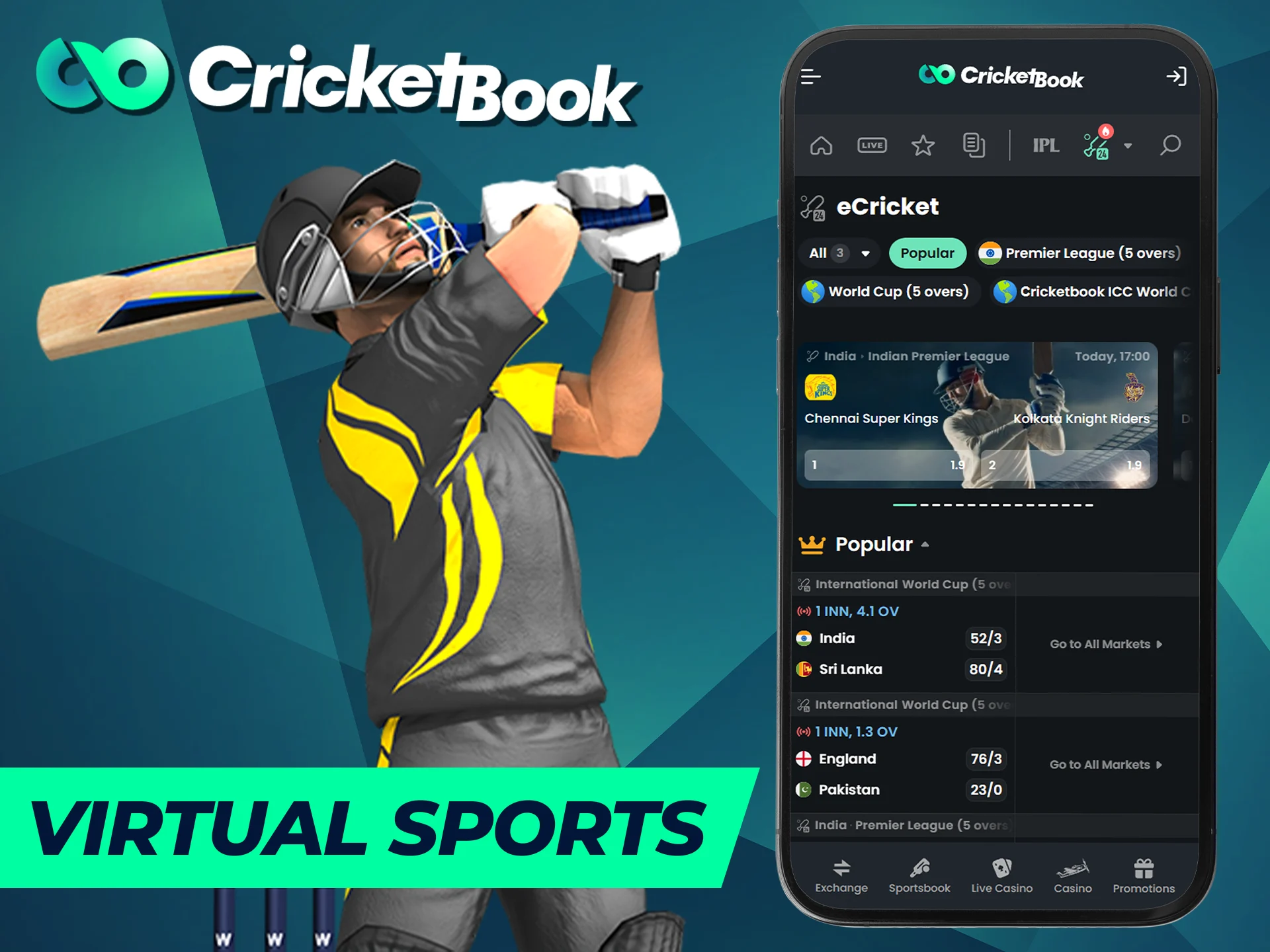 Virtual sports betting is popular on the CricketBook app.