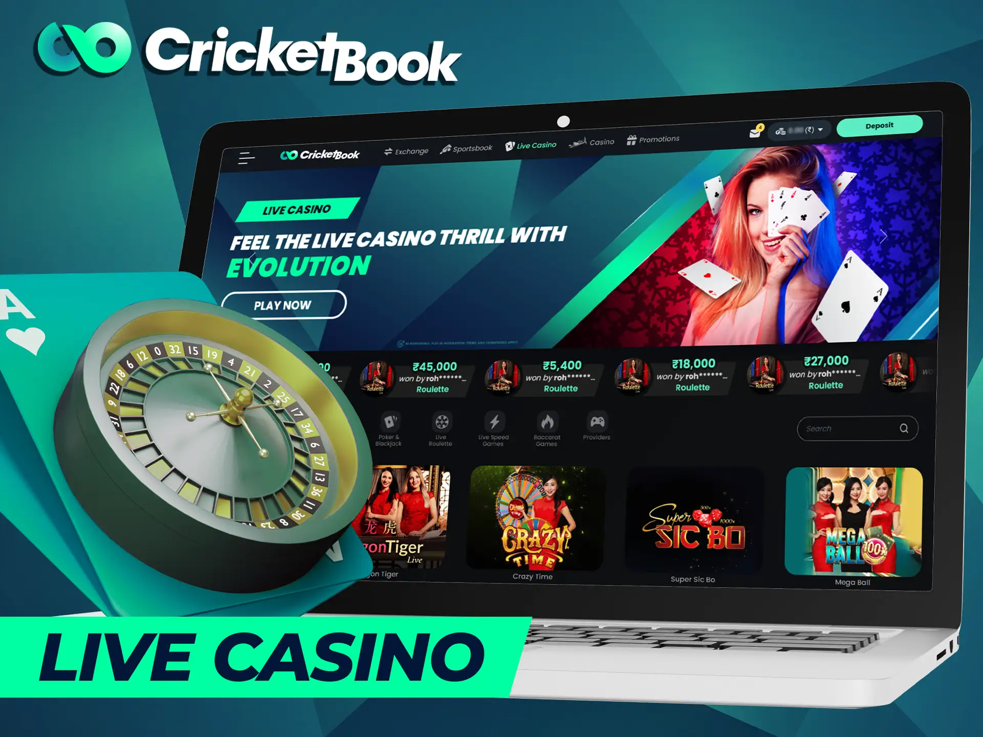 Live casino CricketBook offers a wide range of games including game shows.