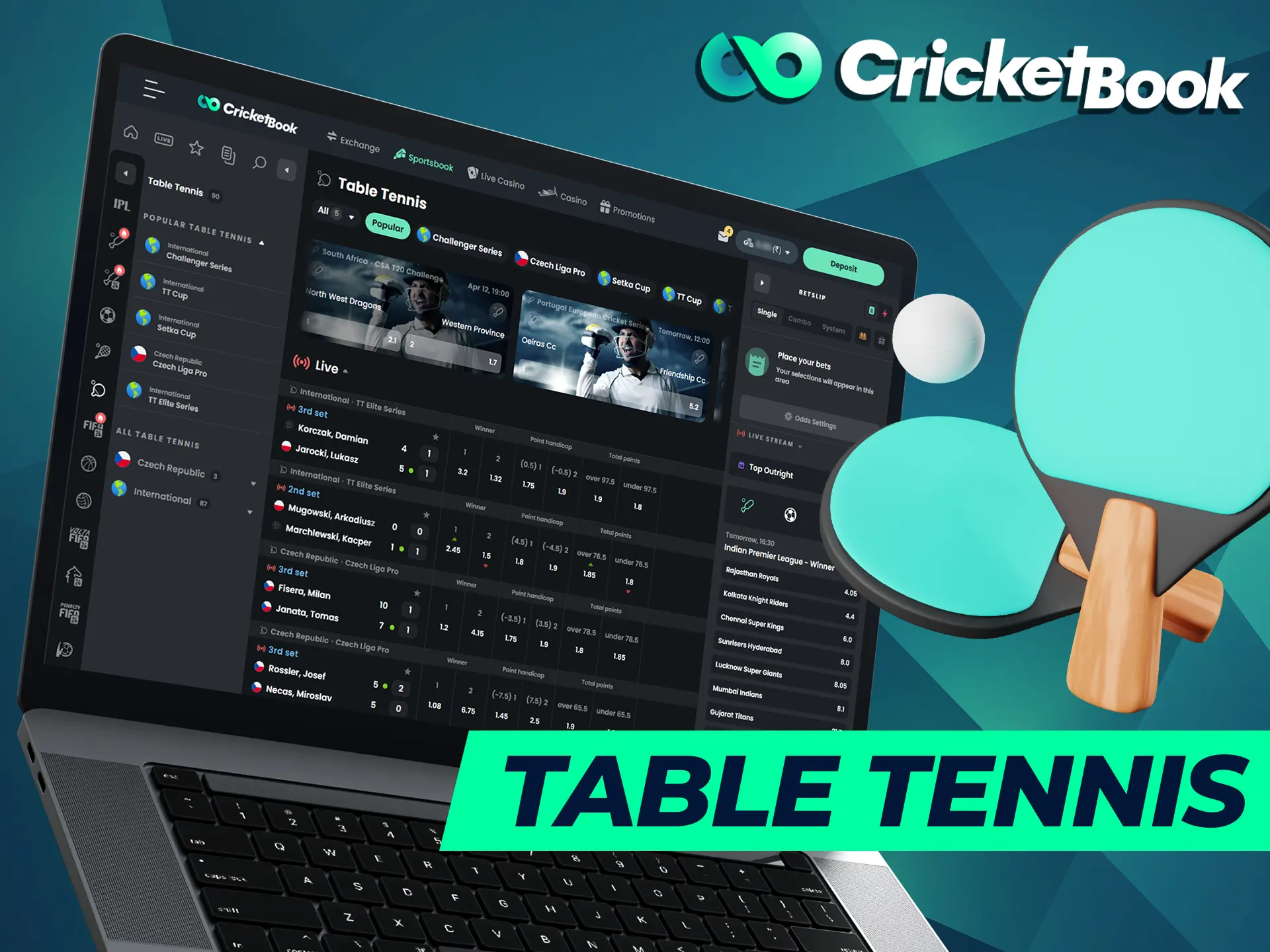Place your table tennis bets on the CricketBook website.