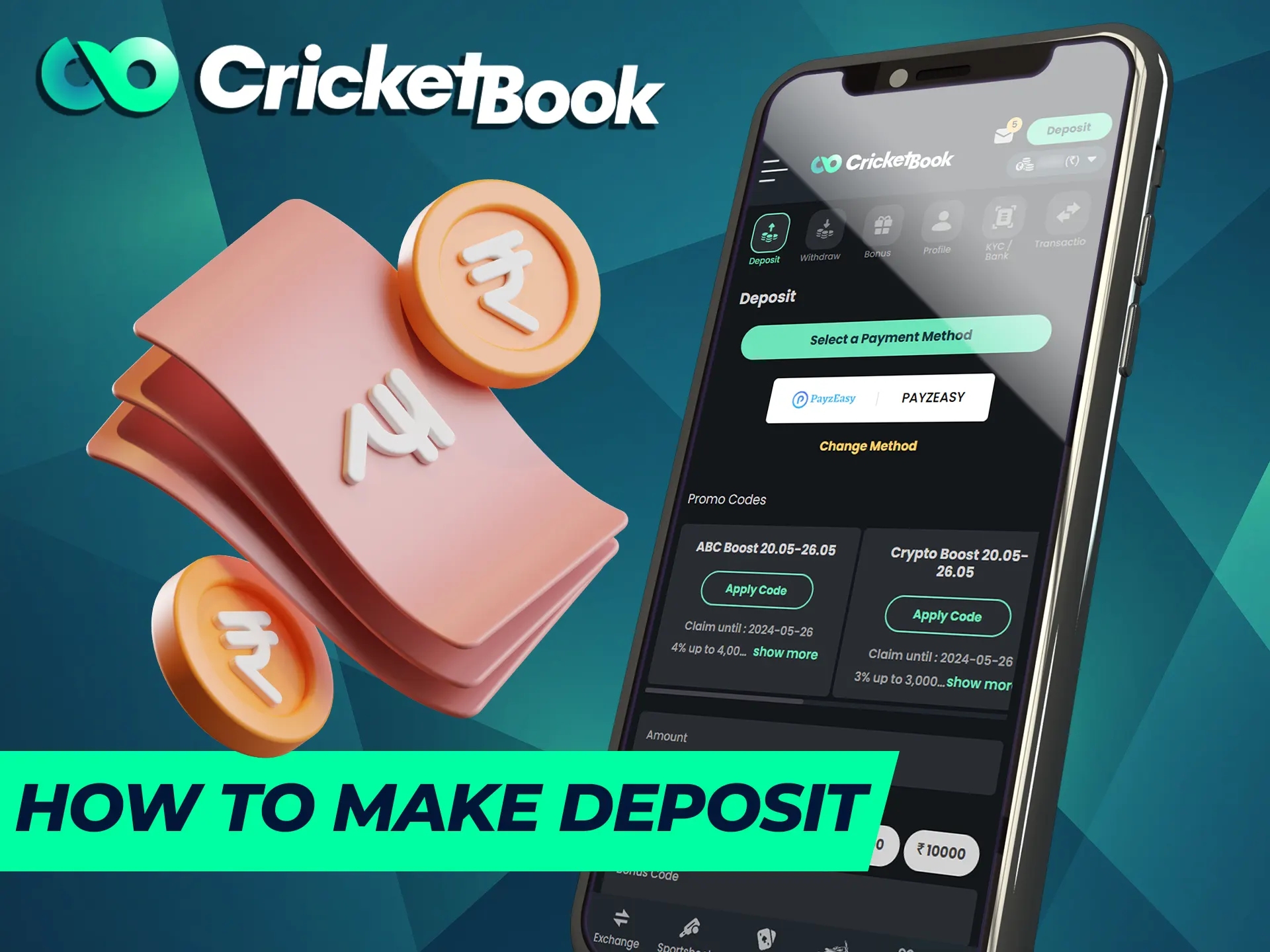 Instructions on how to make a deposit through the CricketBook mobile app.