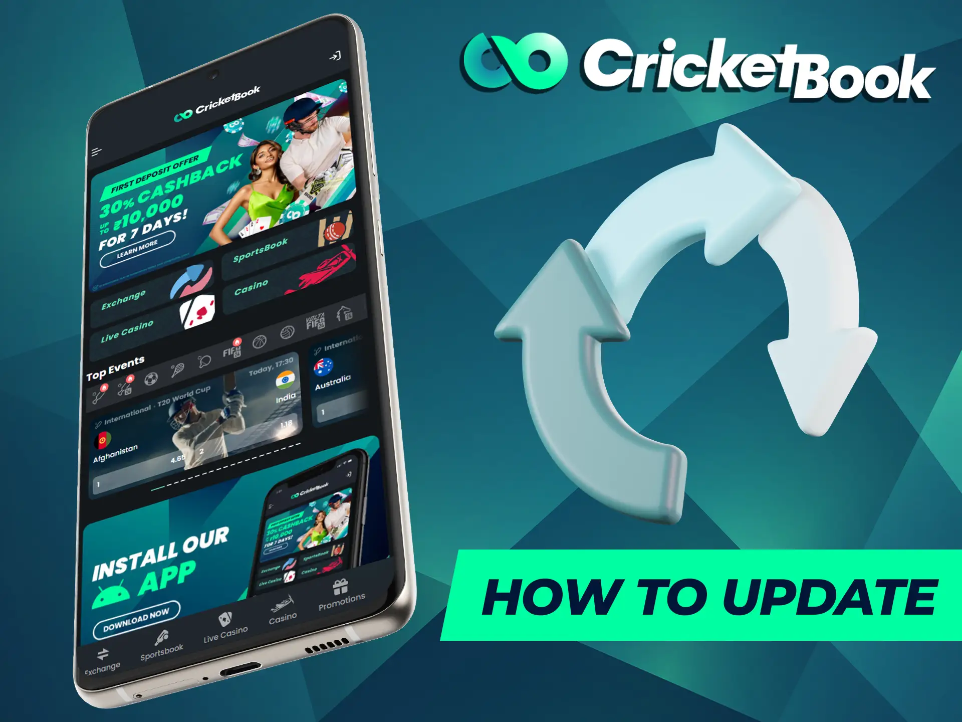 Instructions on how to update the CricketBook app in India.